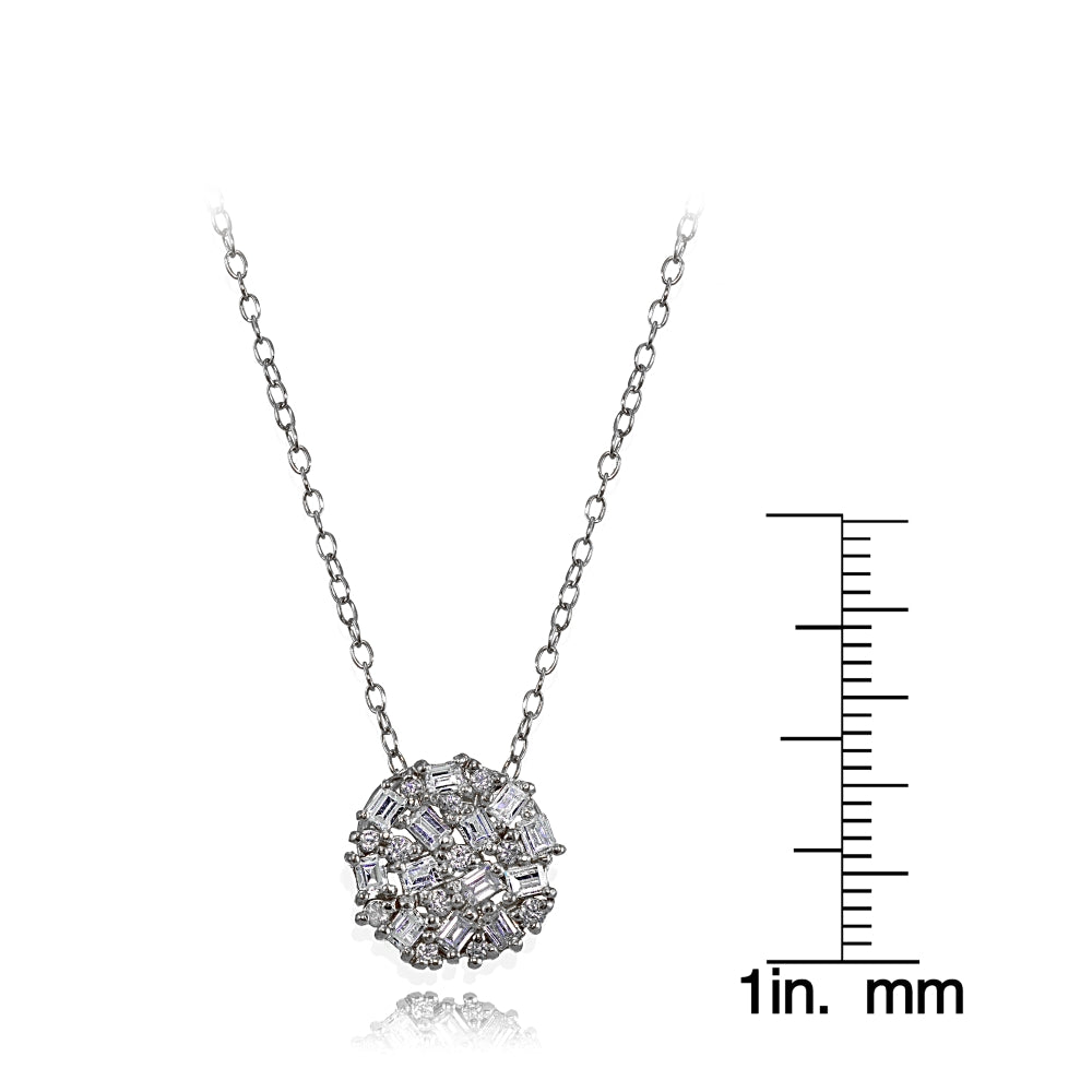 Sterling Silver Baguette and Round-Cut Cubic Zirconia Cluster Round Circle Necklace-3