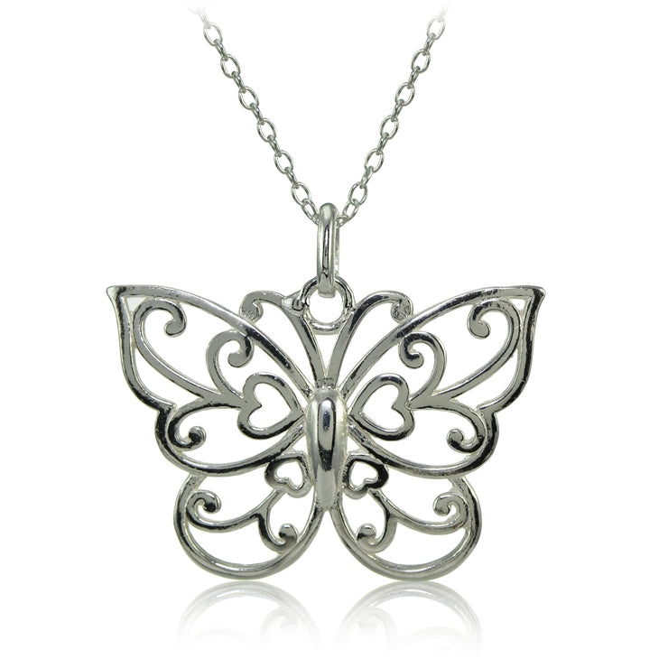 Sterling Silver High Polished Filigree Butterfly Necklace