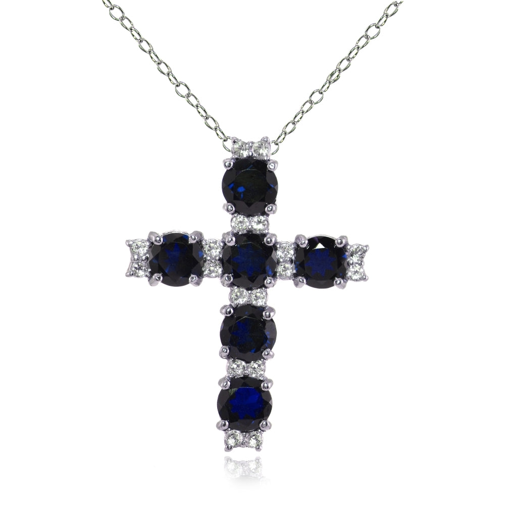 Sterling Silver Created Blue Sapphire and White Topaz Cross Necklace