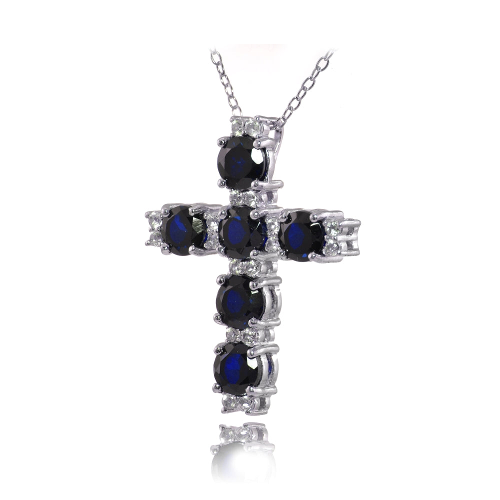 Sterling Silver Created Blue Sapphire and White Topaz Cross Necklace-2