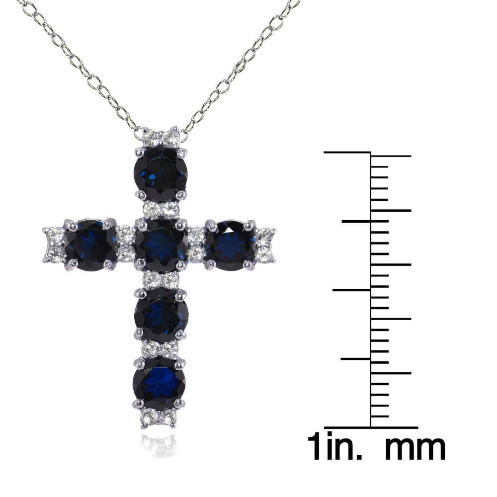 Sterling Silver Created Blue Sapphire and White Topaz Cross Necklace-3