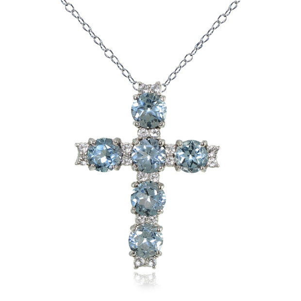 Sterling Silver Blue Topaz and White Topaz Cross Necklace