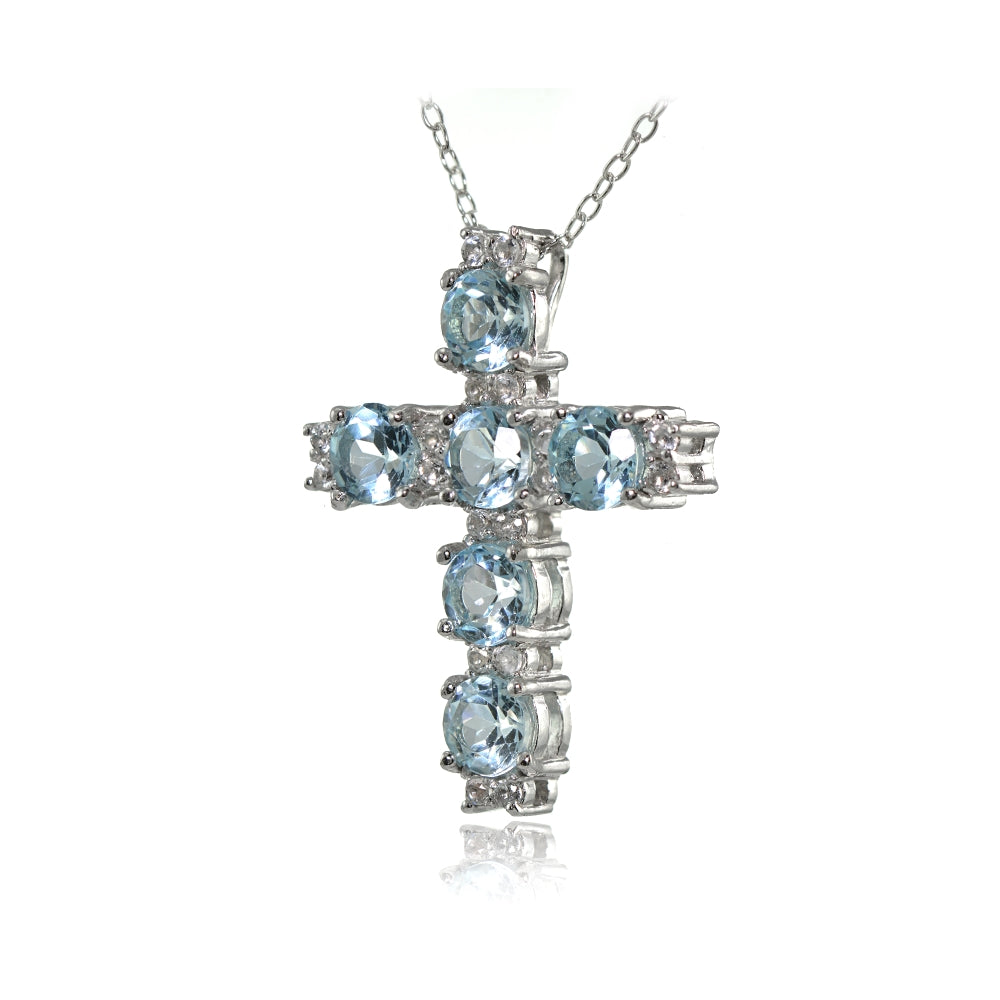Sterling Silver Blue Topaz and White Topaz Cross Necklace-2