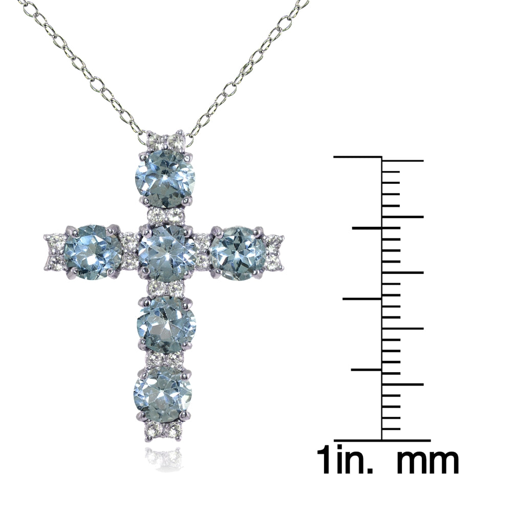 Sterling Silver Blue Topaz and White Topaz Cross Necklace-3