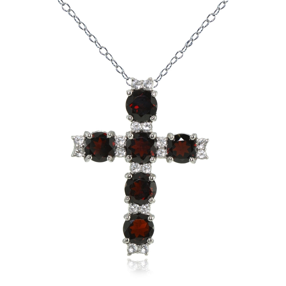 Sterling Silver Garnet and White Topaz Cross Necklace
