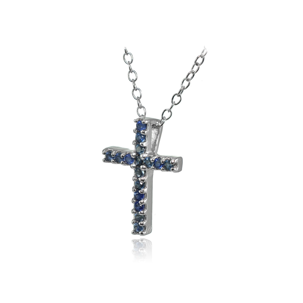 Sterling Silver Genuine Blue Sapphire Cross Neckace-2