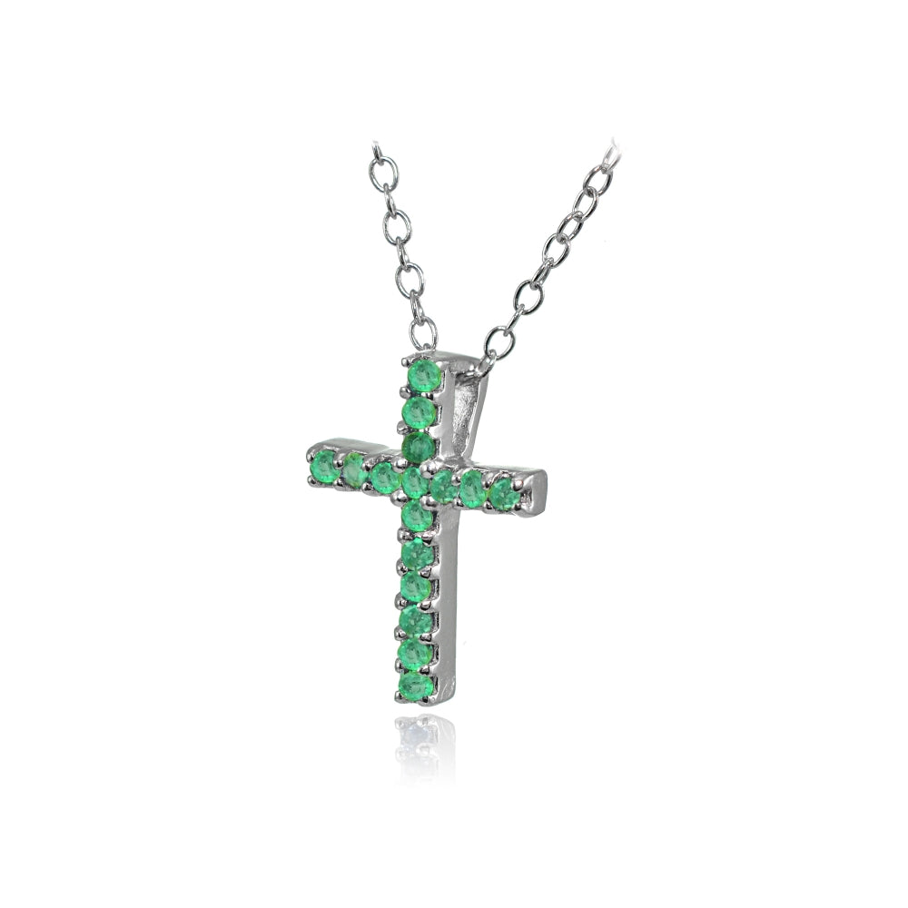 Sterling Silver Genuine Emerald Cross Neckace-3