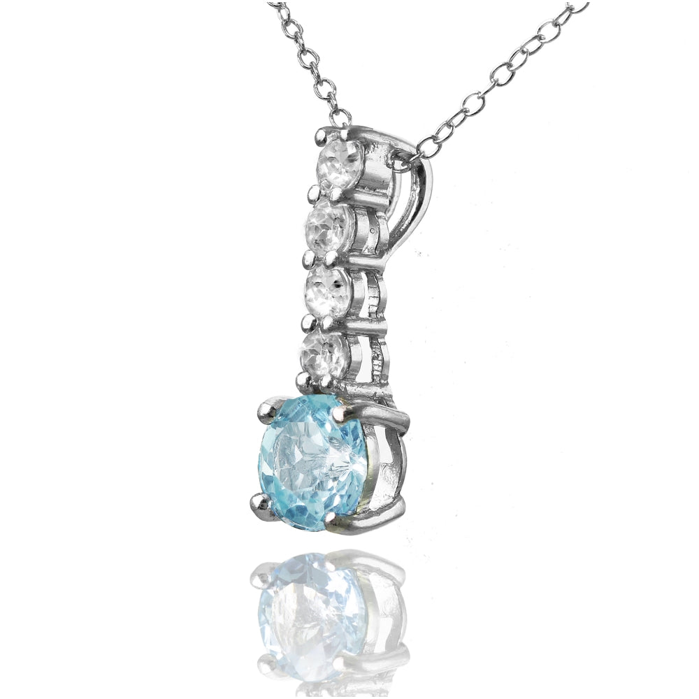 Sterling Silver Blue Topaz and White Topaz 5-Stone Round Drop Necklace-2