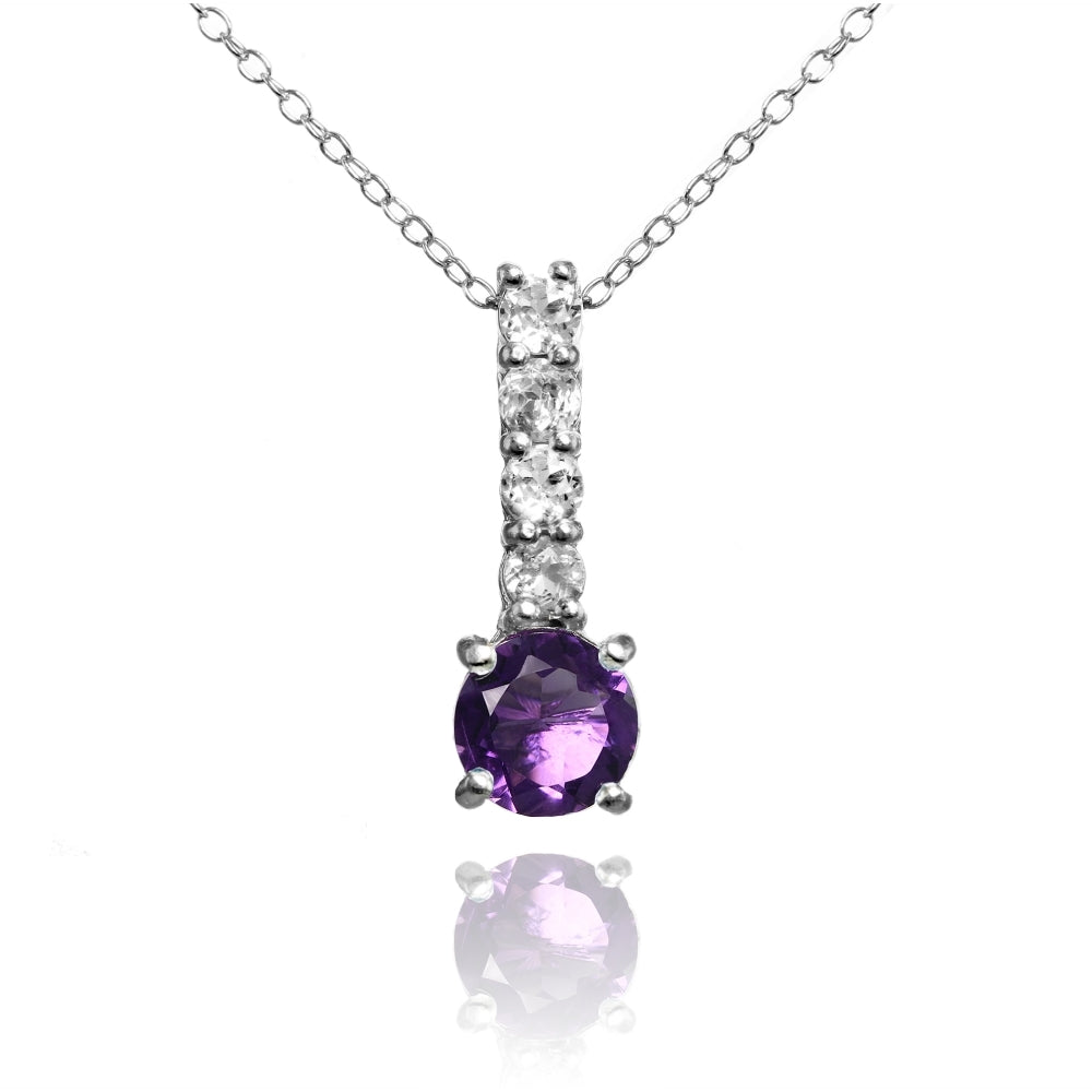 Sterling Silver African Amethyst and White Topaz 5-Stone Round Drop Necklace