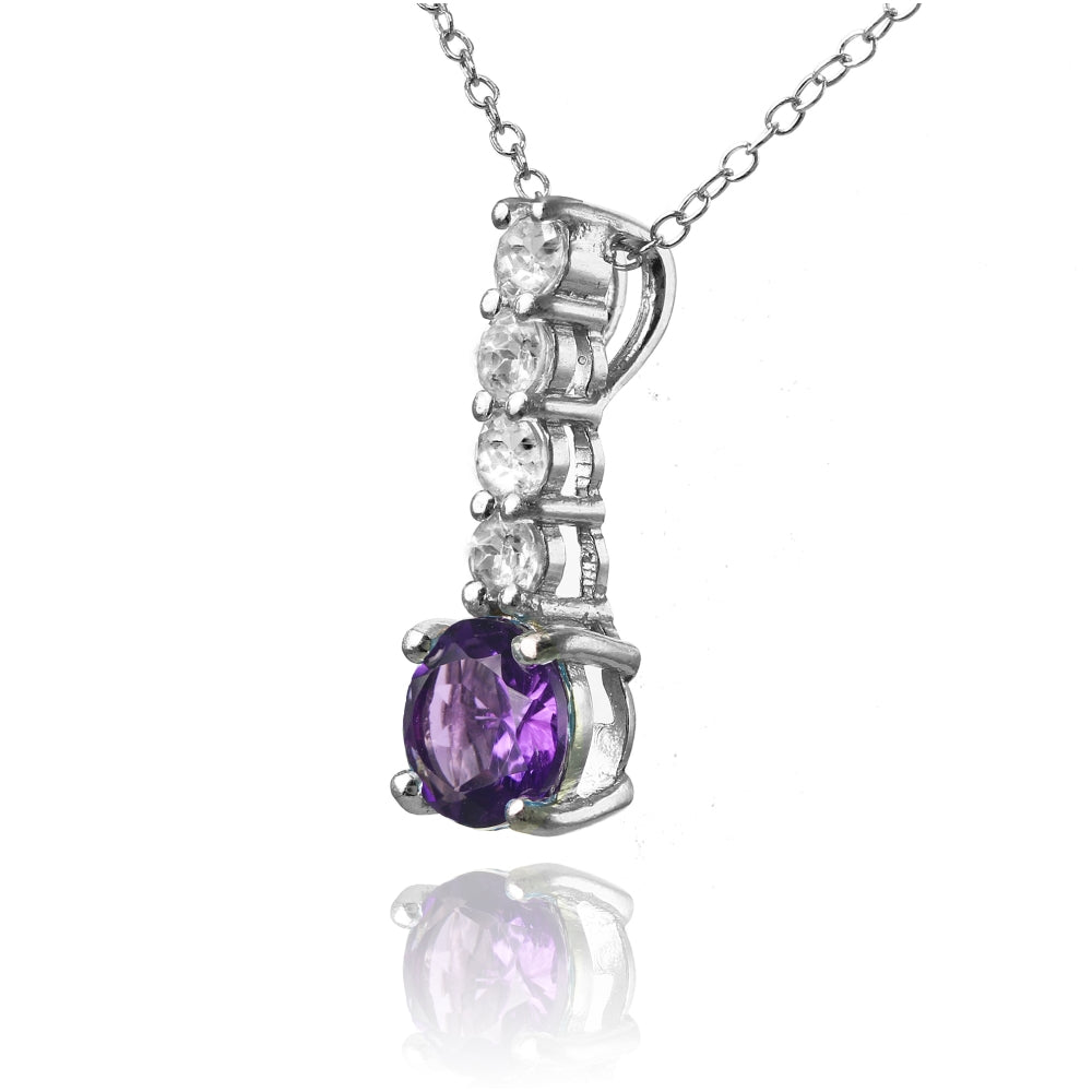 Sterling Silver African Amethyst and White Topaz 5-Stone Round Drop Necklace-2