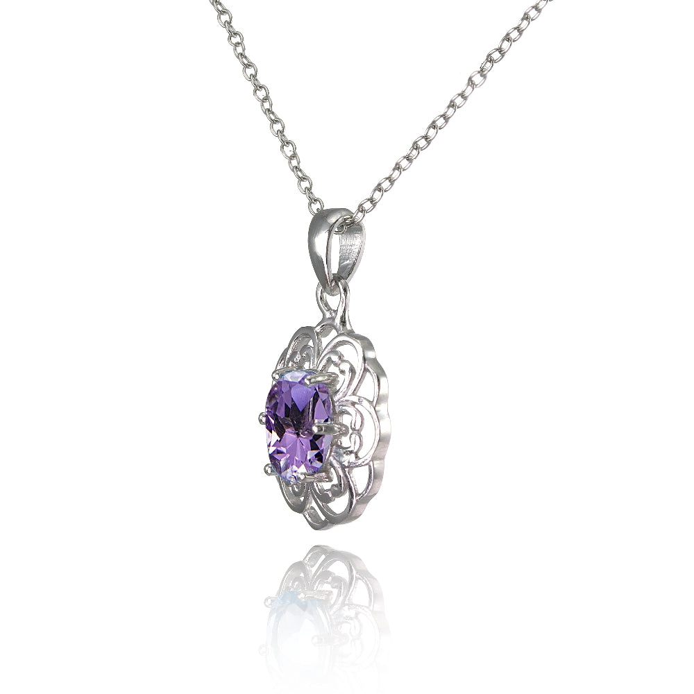 Sterling Silver Amethyst Oval Filigree Flower Necklace-2