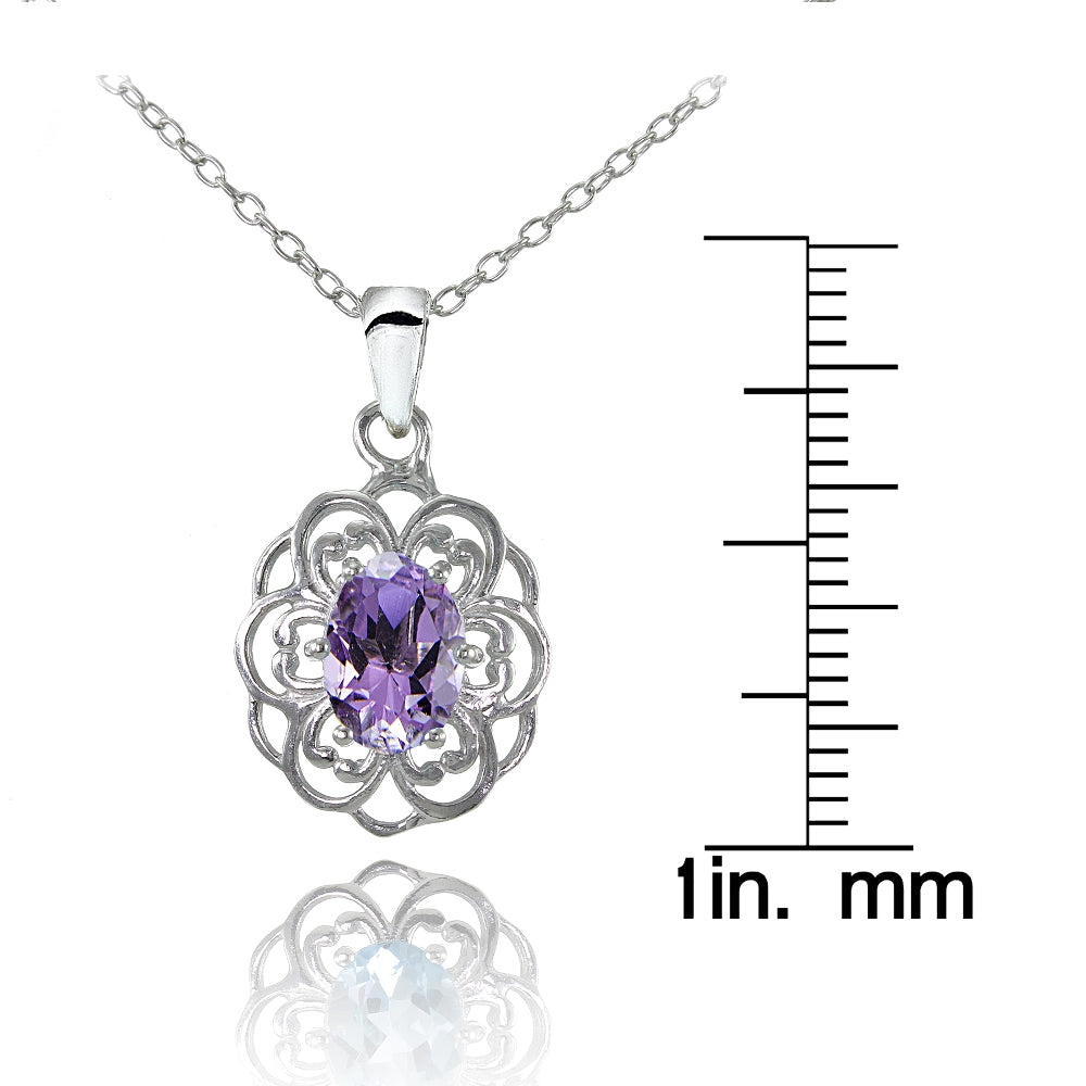 Sterling Silver Amethyst Oval Filigree Flower Necklace-3