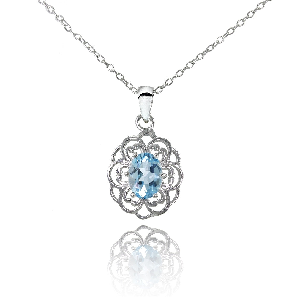 Sterling Silver Blue Topaz Oval Filigree Flower Necklace