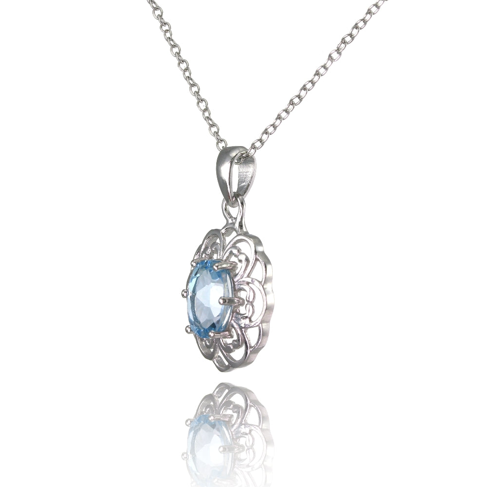 Sterling Silver Blue Topaz Oval Filigree Flower Necklace-2