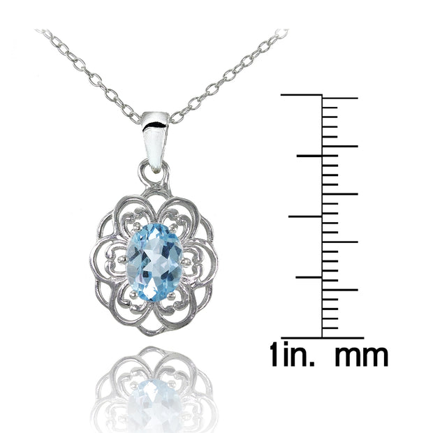 Sterling Silver Blue Topaz Oval Filigree Flower Necklace