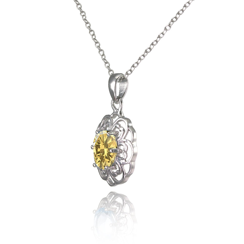 Sterling Silver Citrine Oval Filigree Flower Necklace-2