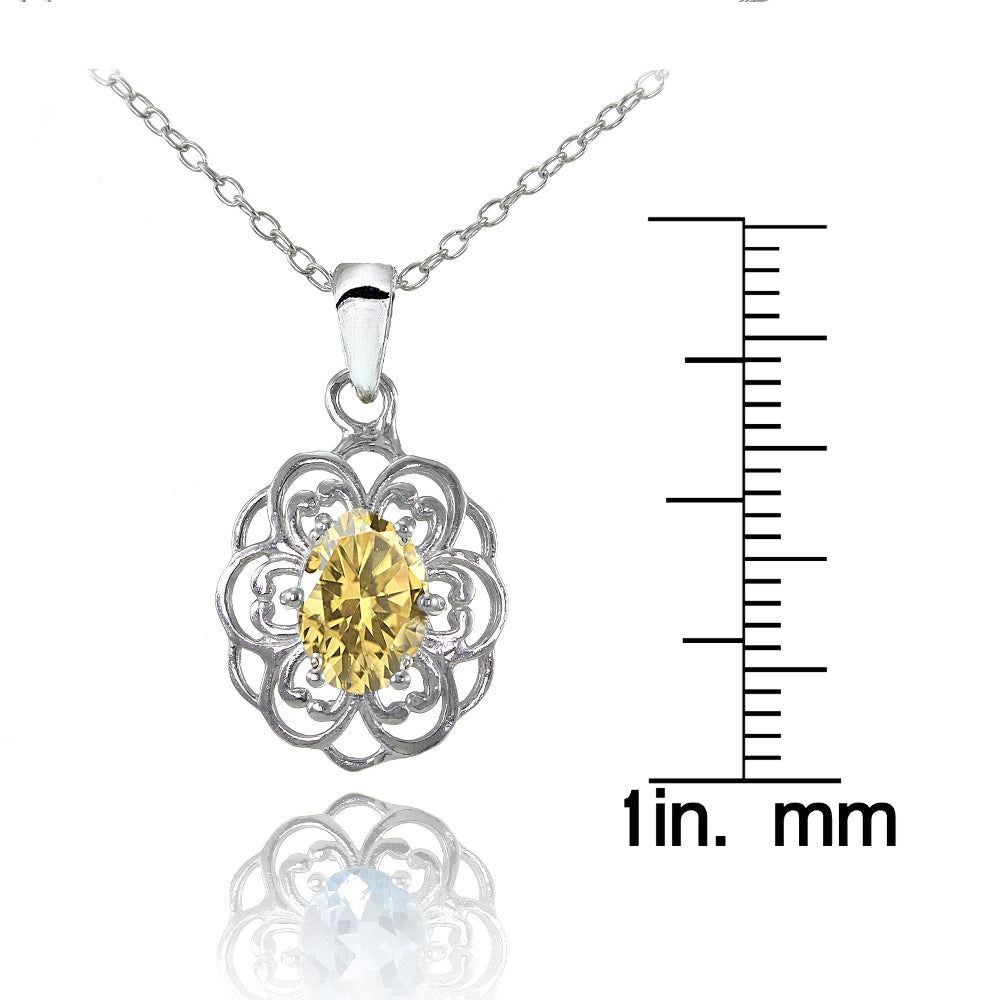 Sterling Silver Citrine Oval Filigree Flower Necklace-3