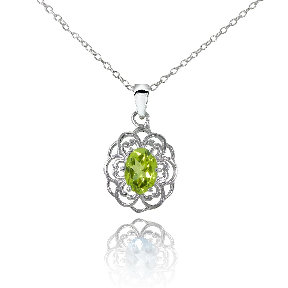 Sterling Silver Peridot Oval Filigree Flower Necklace