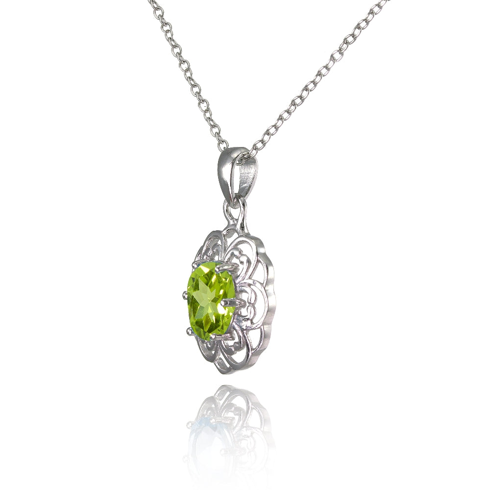 Sterling Silver Peridot Oval Filigree Flower Necklace-2