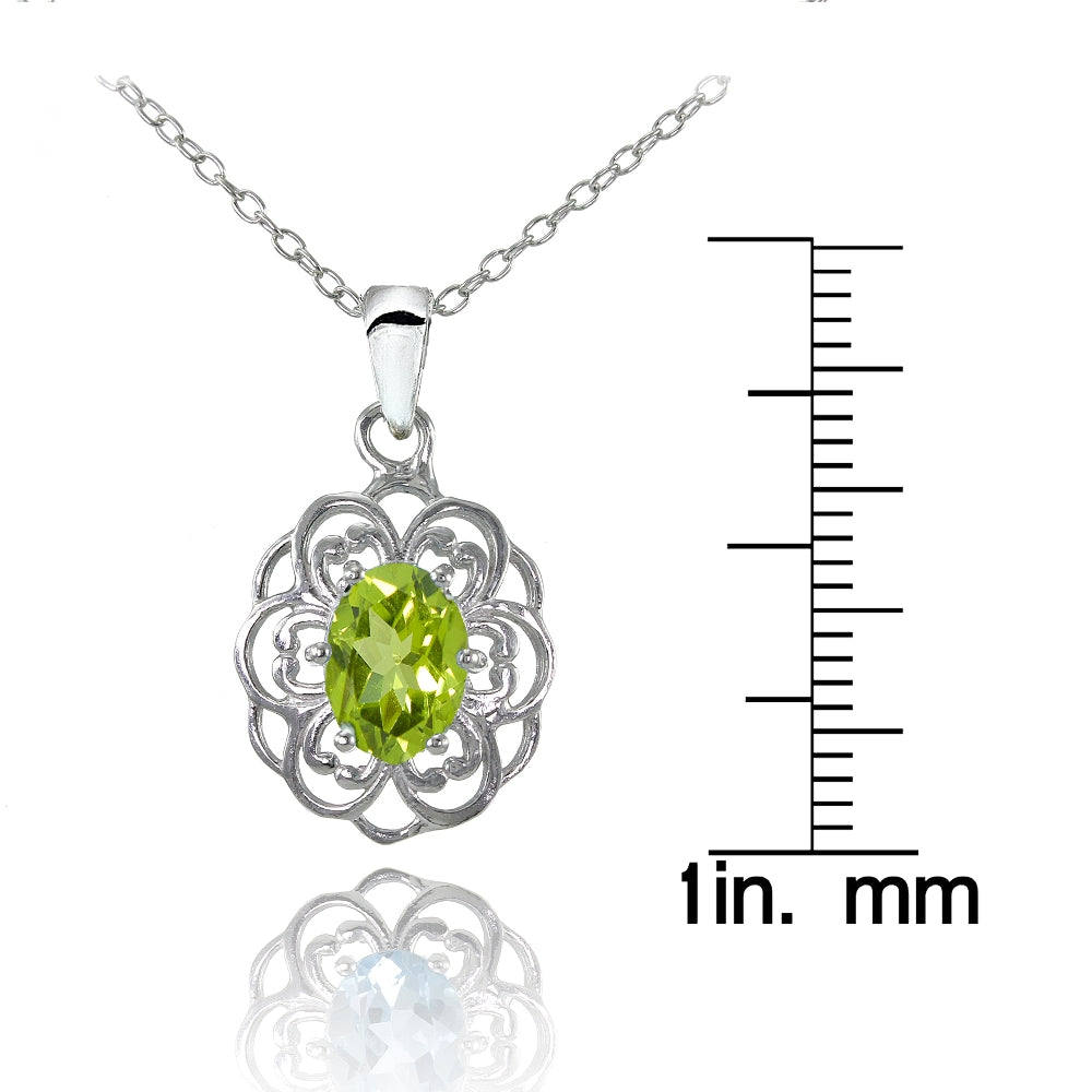 Sterling Silver Peridot Oval Filigree Flower Necklace-3