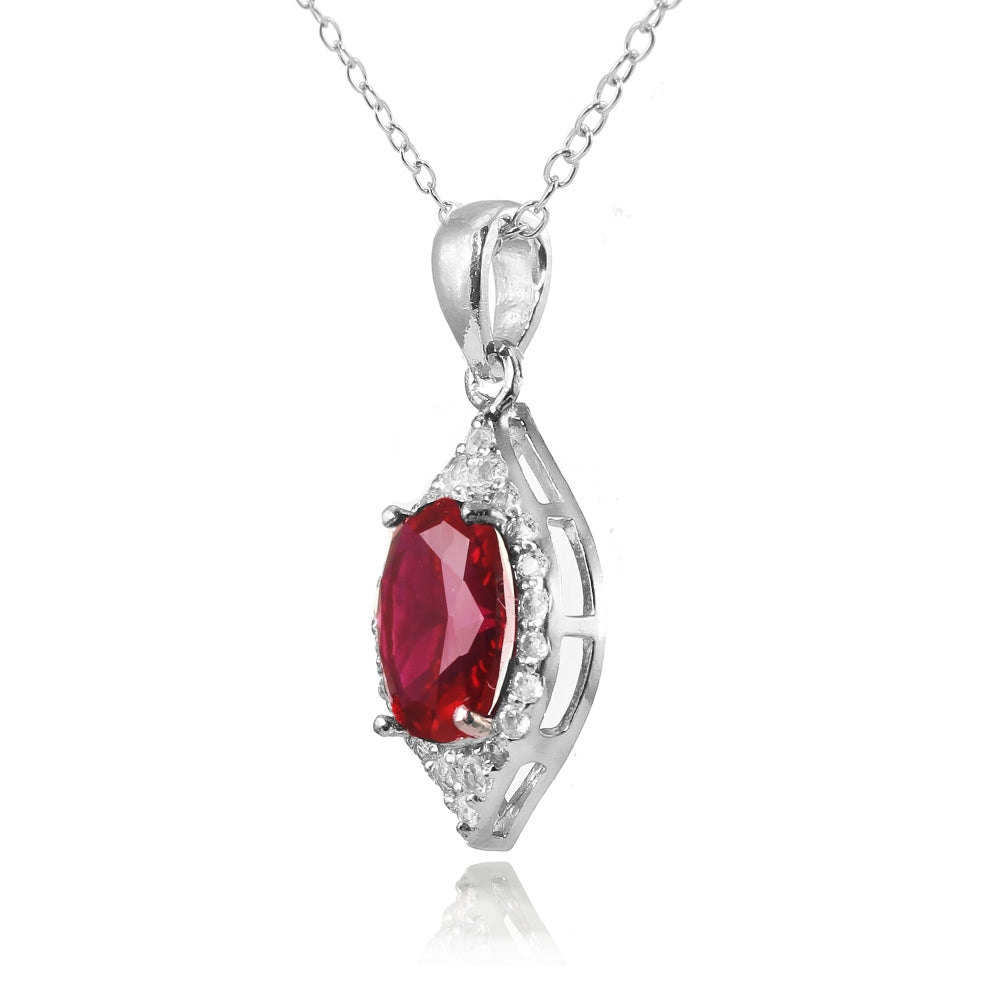 Sterling Silver Created Ruby and White Topaz Oval Fashion Necklace-2