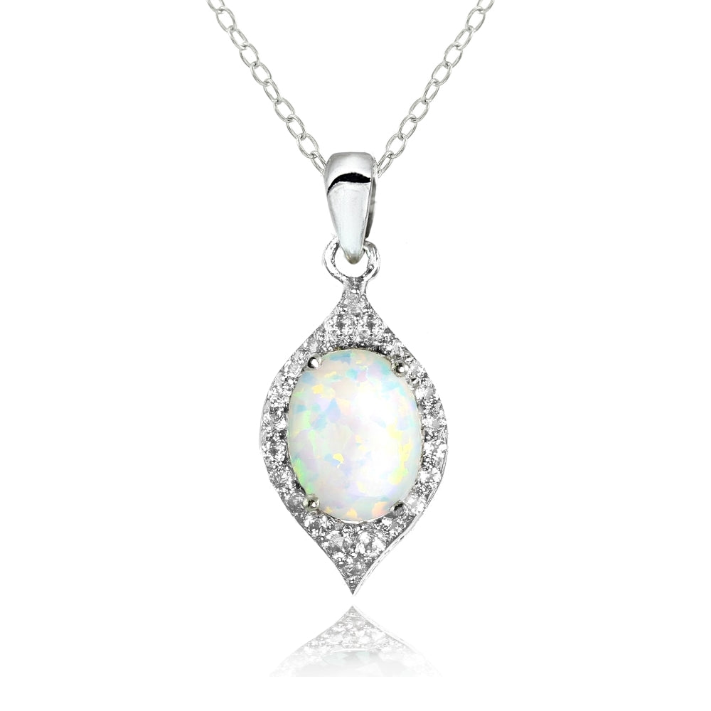 Sterling Silver Created White Opal and White Topaz Oval Fashion Necklace