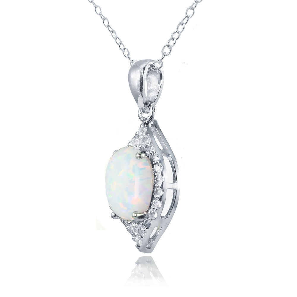 Sterling Silver Created White Opal and White Topaz Oval Fashion Necklace-2