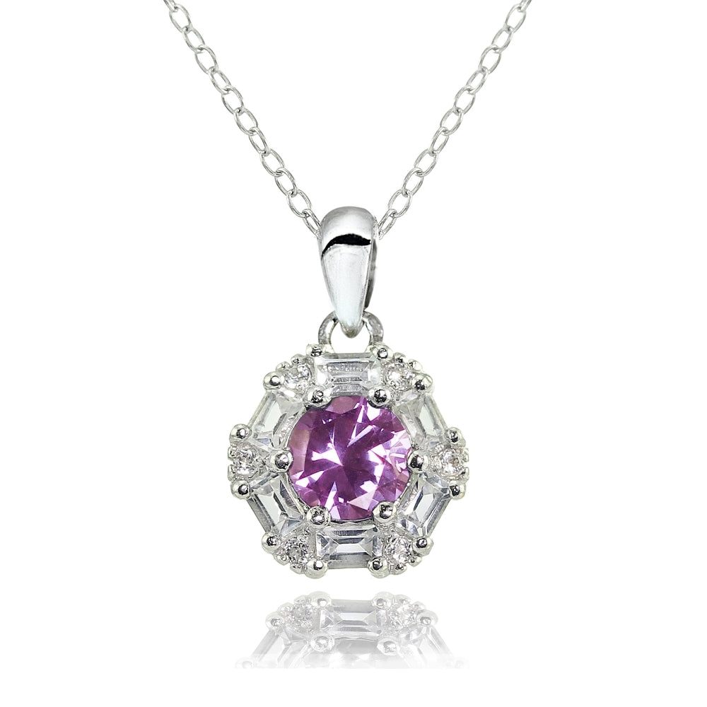 Sterling Silver Created Alexandrite and Cubic Zirconia Baguette & Round-Cut Fashion Necklace