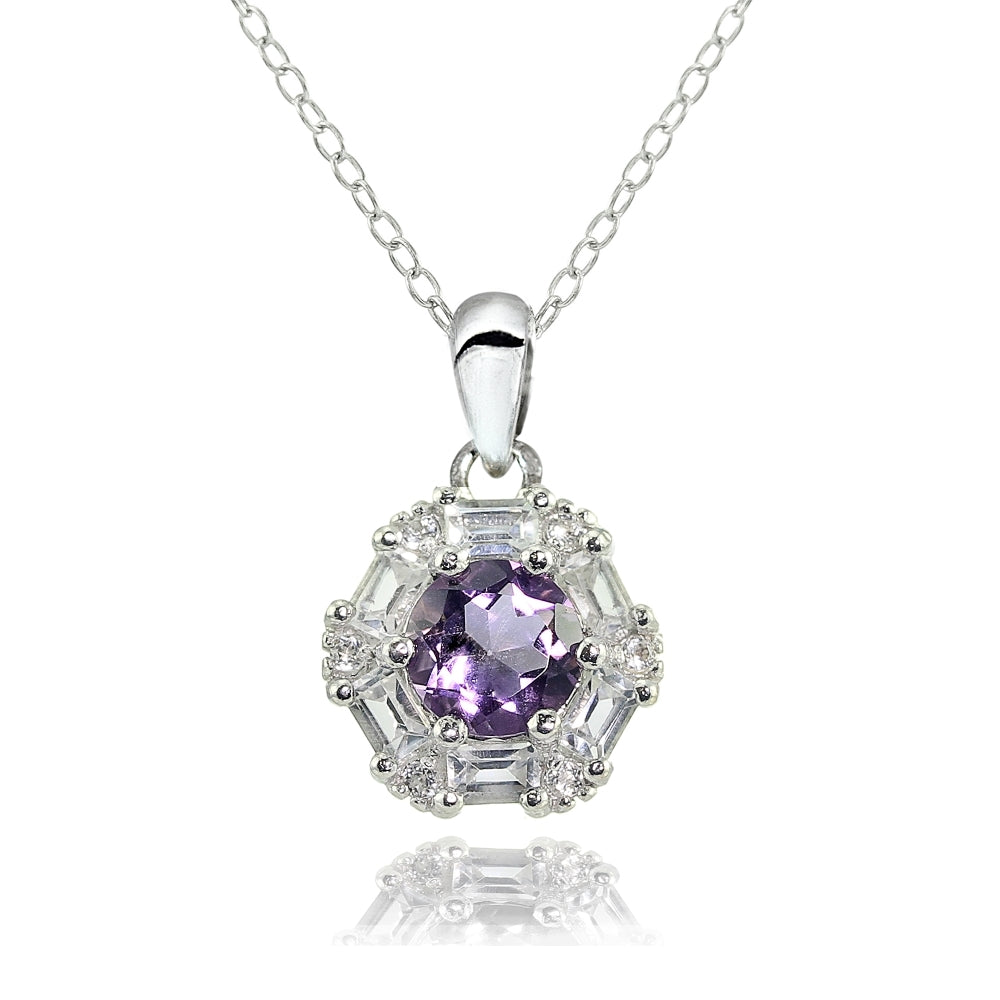 Sterling Silver Amethyst and White Topaz Baguette & Round-Cut Fashion Necklace