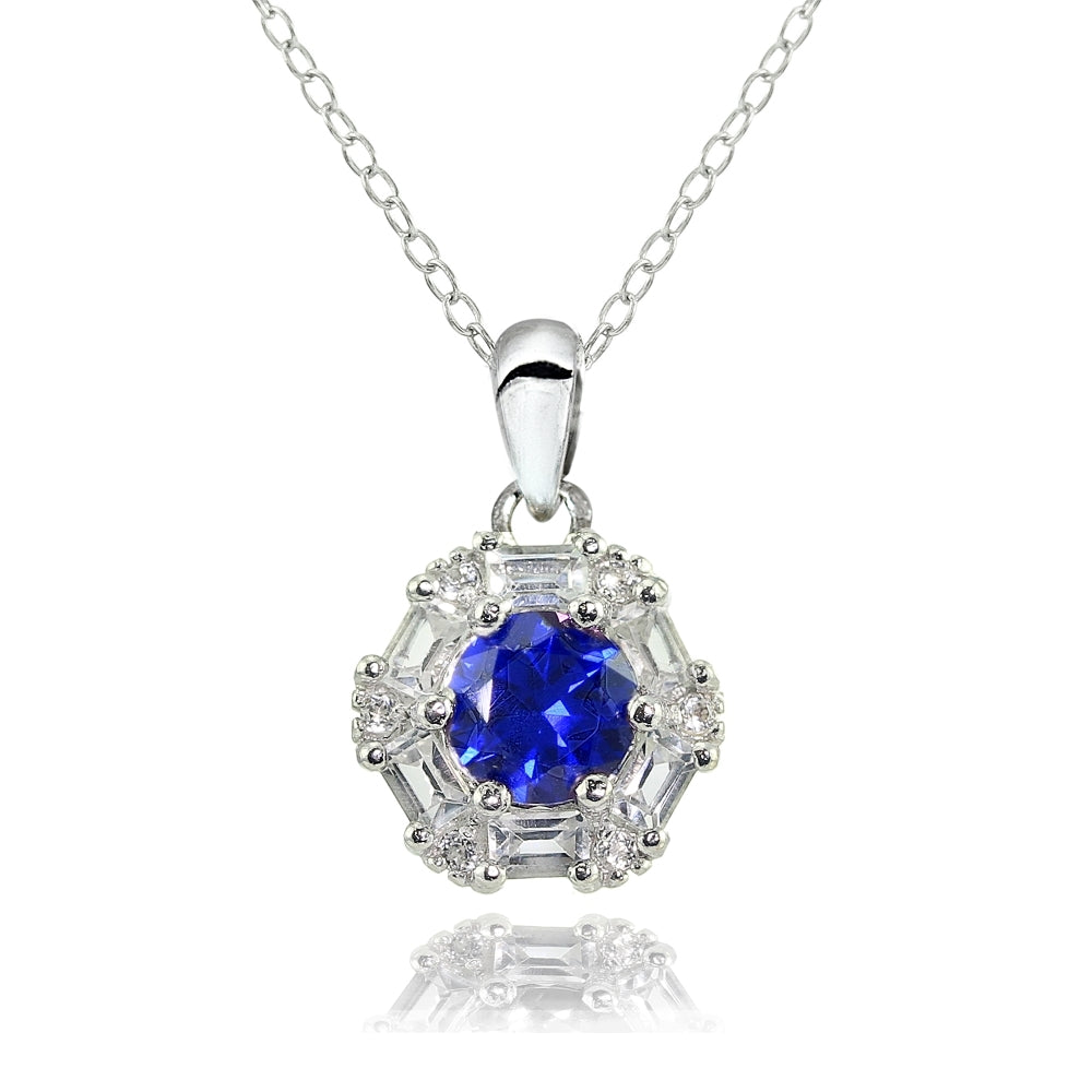 Sterling Silver Created Blue Sapphire and White Topaz Baguette & Round-Cut Fashion Necklace