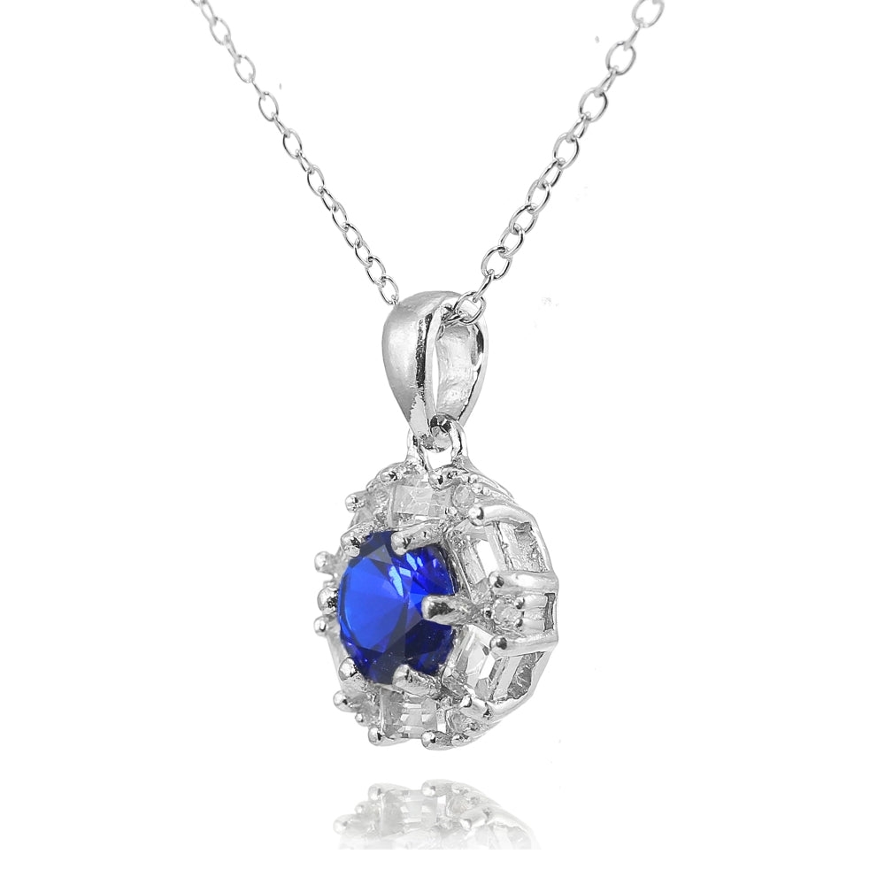 Sterling Silver Created Blue Sapphire and White Topaz Baguette & Round-Cut Fashion Necklace-2