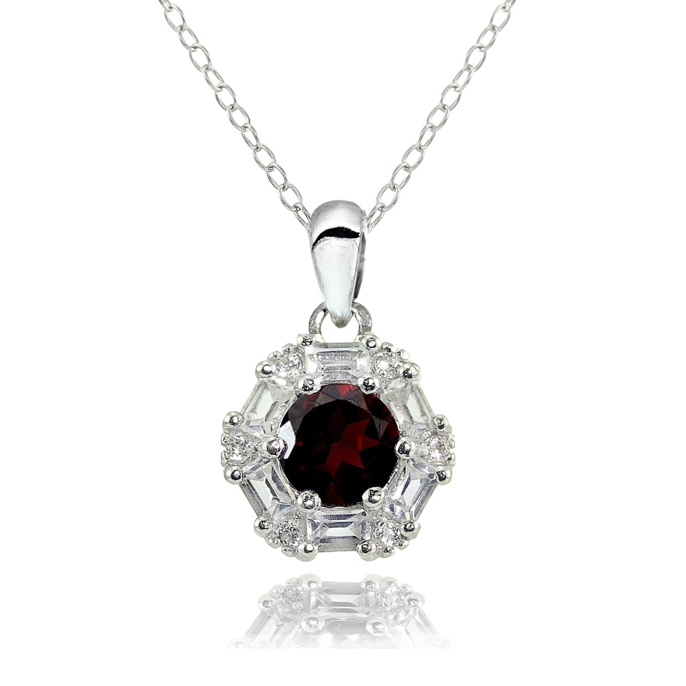 Sterling Silver Garnet and White Topaz Baguette & Round-Cut Fashion Necklace