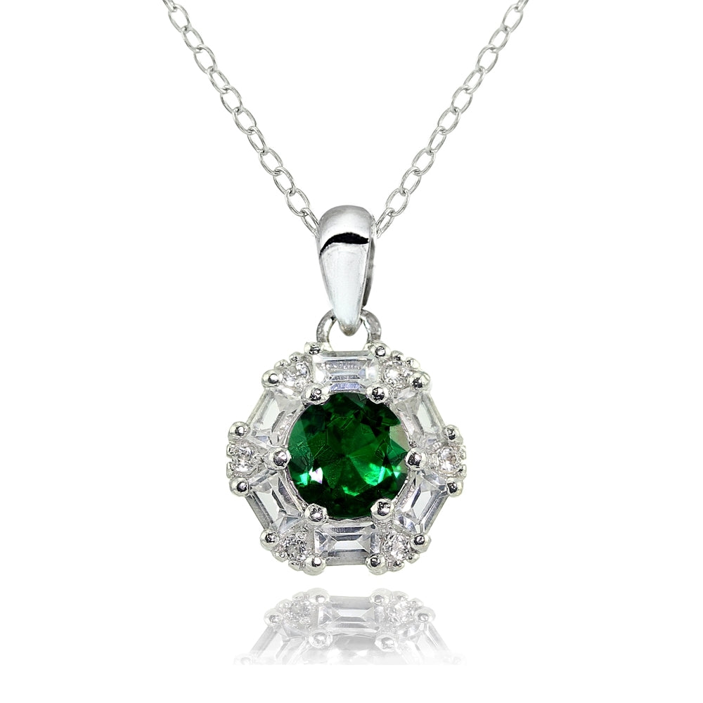 Sterling Silver Created Emerald and White Topaz Baguette & Round-Cut Fashion Necklace