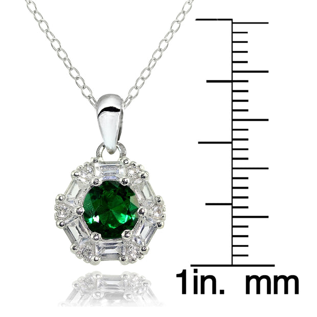 Sterling Silver Created Emerald and White Topaz Baguette & Round-Cut Fashion Necklace