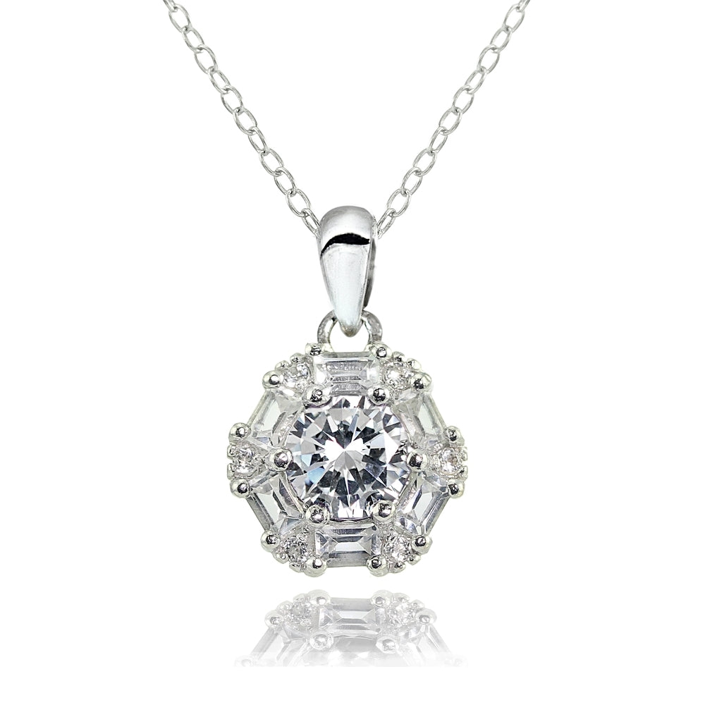Sterling Silver Cubic Zirconia Baguette and Round-Cut Fashion Necklace