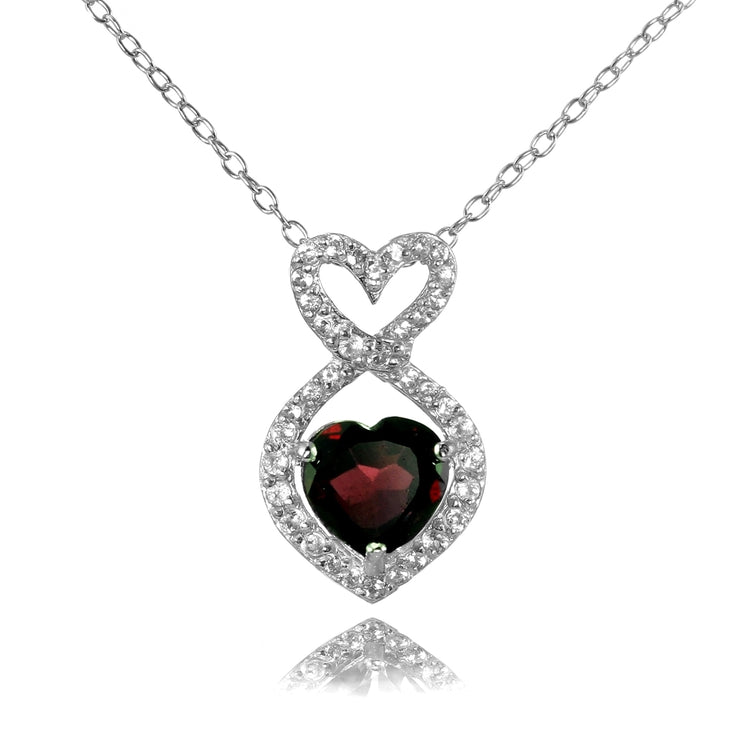 Sterling Silver Garnet and White Topaz Infinity Heart Necklace