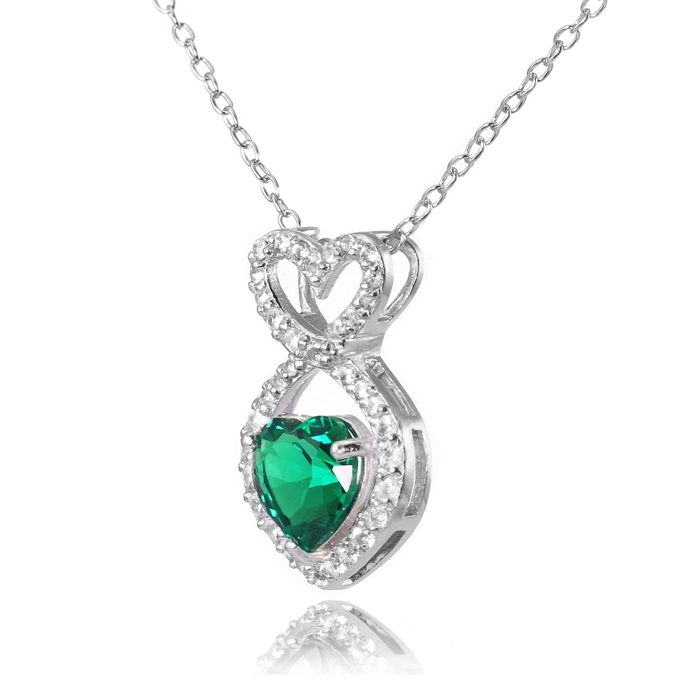 Sterling Silver Created Emerald and White Topaz Infinity Heart Necklace-2