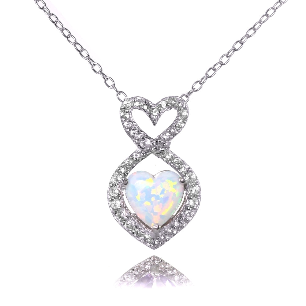 Sterling Silver Created White Opal and White Topaz Infinity Heart Necklace