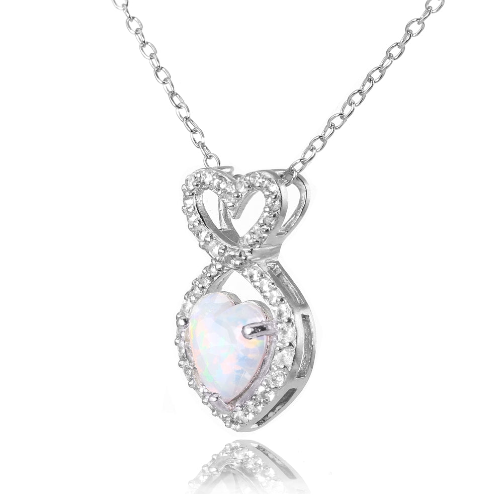 Sterling Silver Created White Opal and White Topaz Infinity Heart Necklace-2