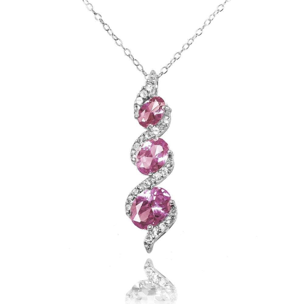 Sterling Silver Created Alexandrite and Cubic Zirconia Oval S Design Three-Stone Journey Necklace