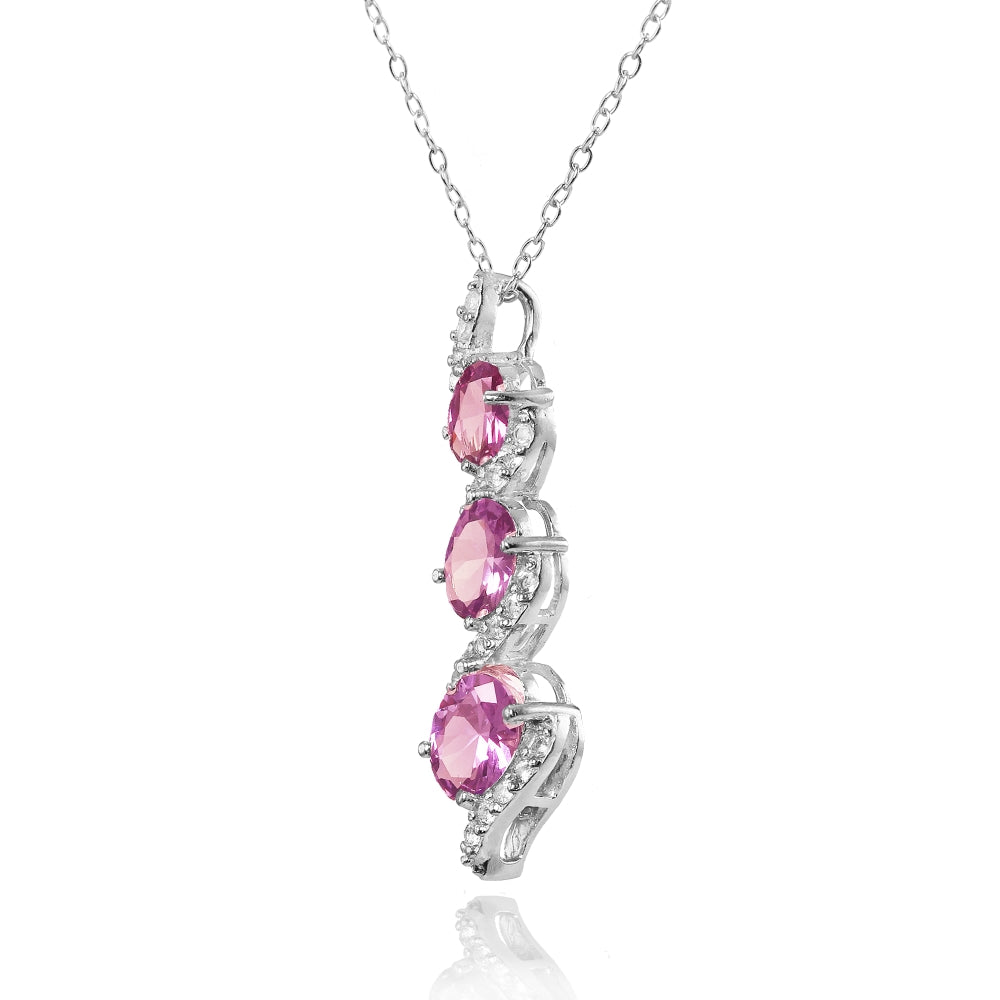 Sterling Silver Created Alexandrite and Cubic Zirconia Oval S Design Three-Stone Journey Necklace-2