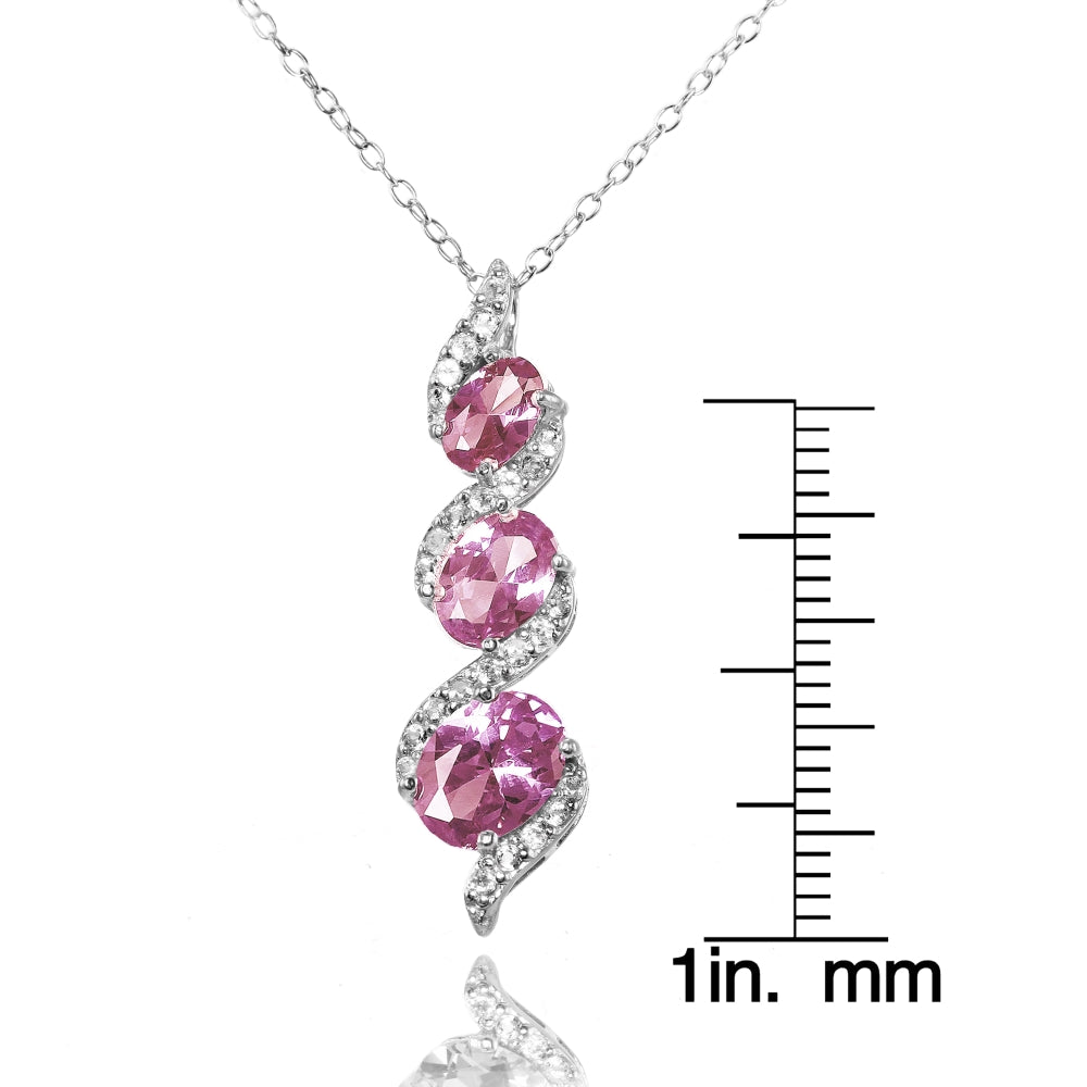 Sterling Silver Created Alexandrite and Cubic Zirconia Oval S Design Three-Stone Journey Necklace-3