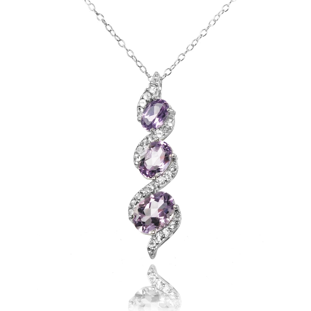 Sterling Silver Amethyst and White Topaz Oval S Design Three-Stone Journey Necklace
