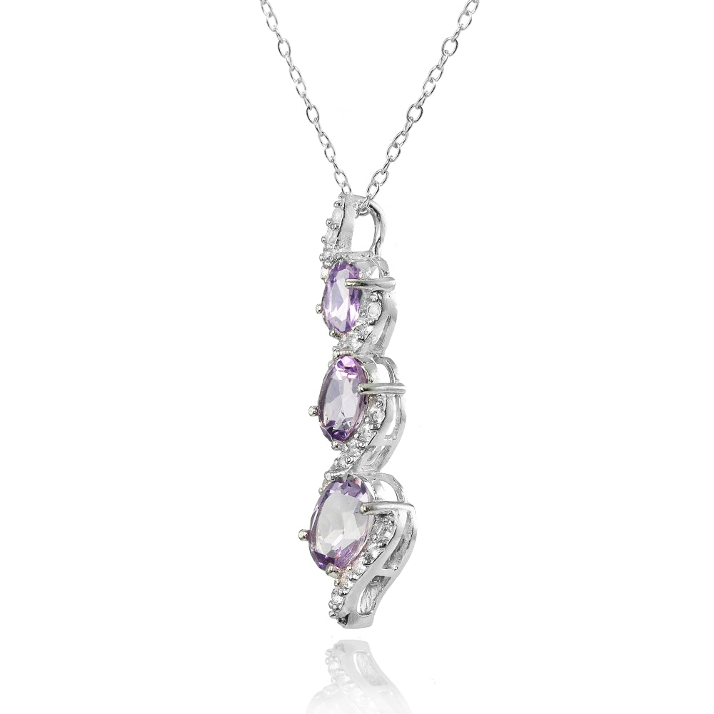 Sterling Silver Amethyst and White Topaz Oval S Design Three-Stone Journey Necklace-2