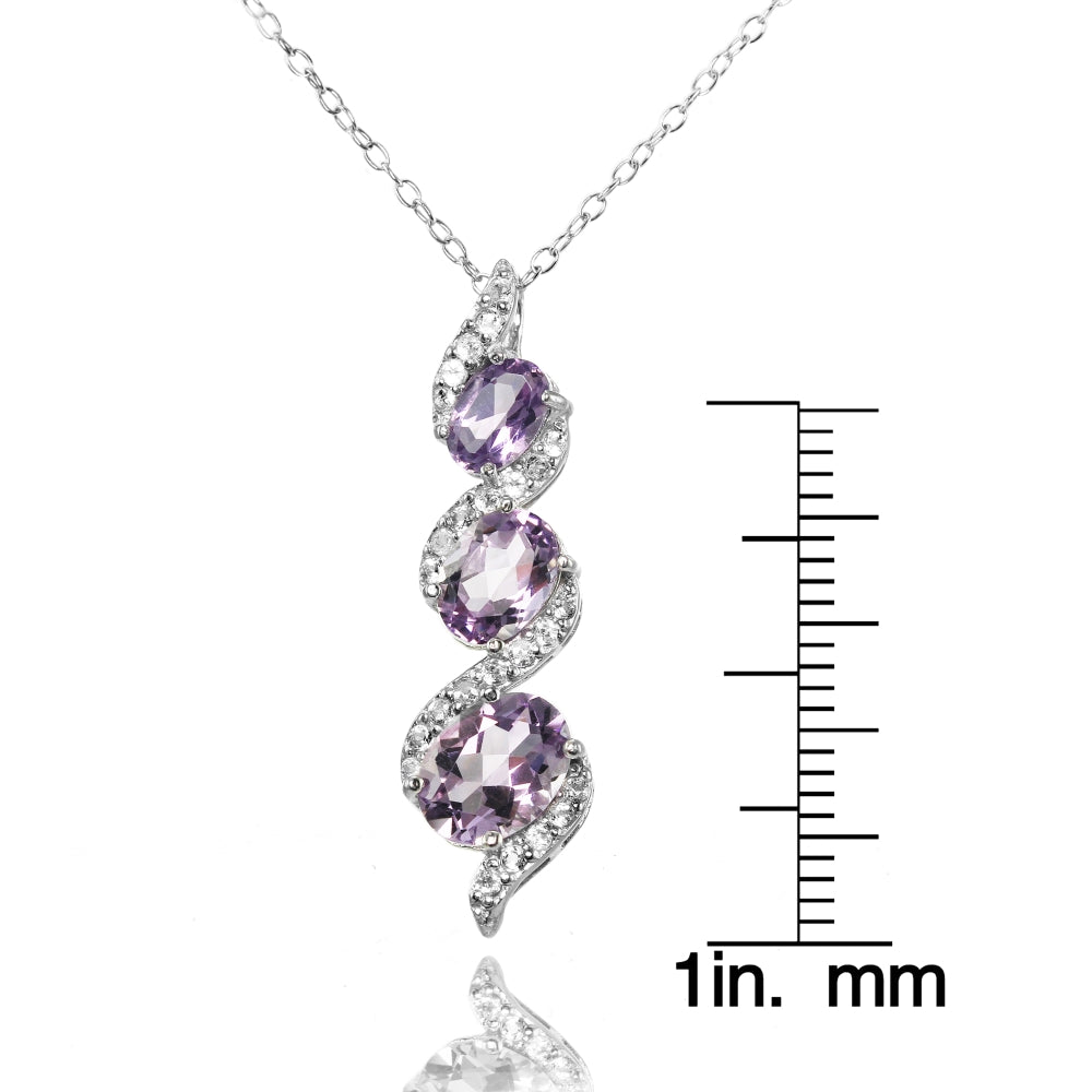 Sterling Silver Amethyst and White Topaz Oval S Design Three-Stone Journey Necklace-3