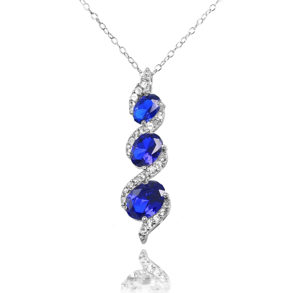 Sterling Silver Created Blue Sapphire and White Topaz Oval S Design Three-Stone Journey Necklace