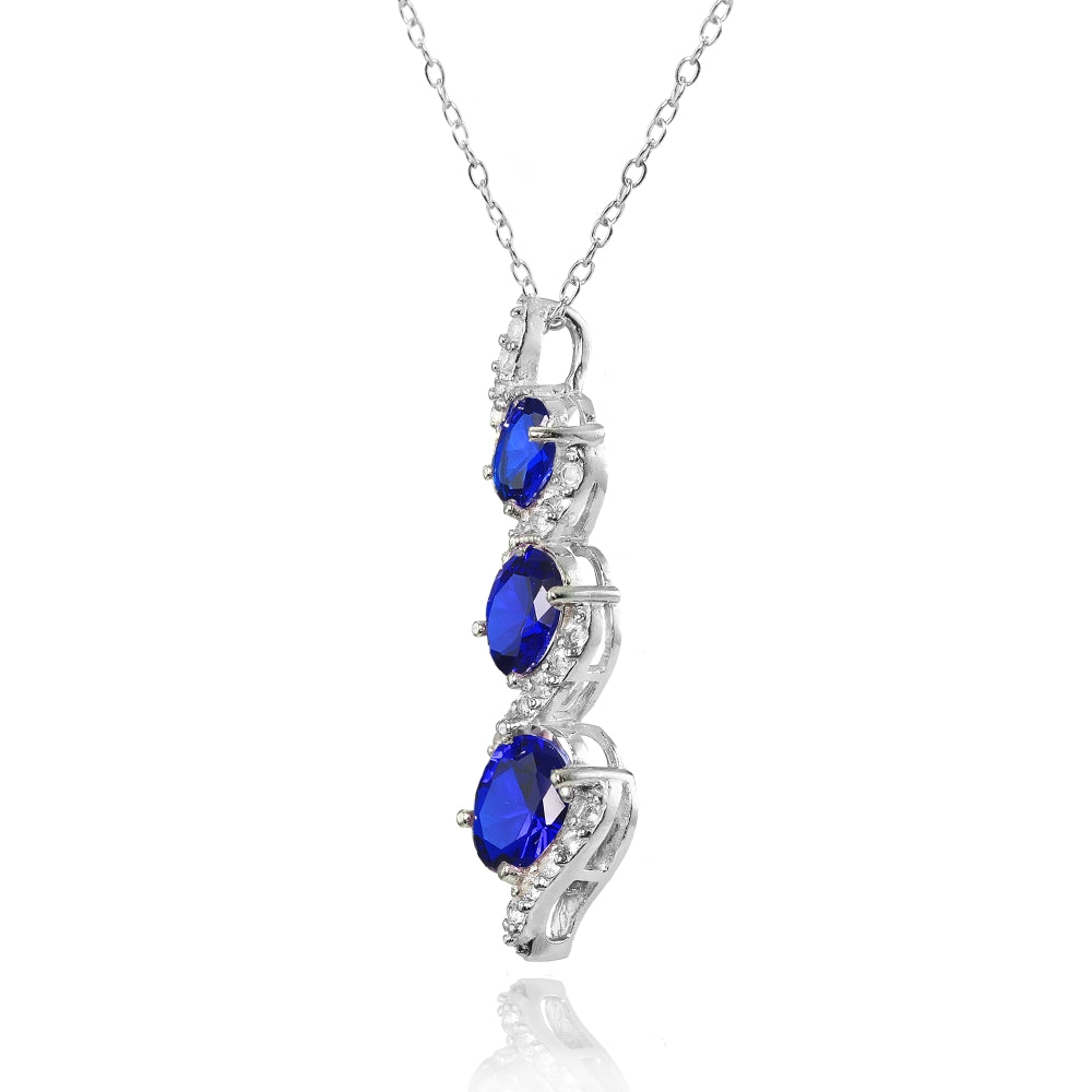 Sterling Silver Created Blue Sapphire and White Topaz Oval S Design Three-Stone Journey Necklace-2