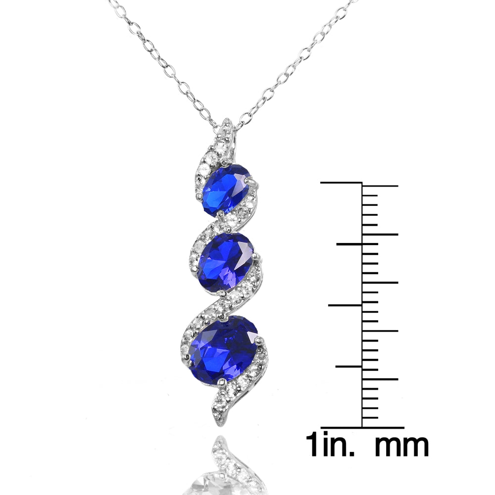 Sterling Silver Created Blue Sapphire and White Topaz Oval S Design Three-Stone Journey Necklace-3