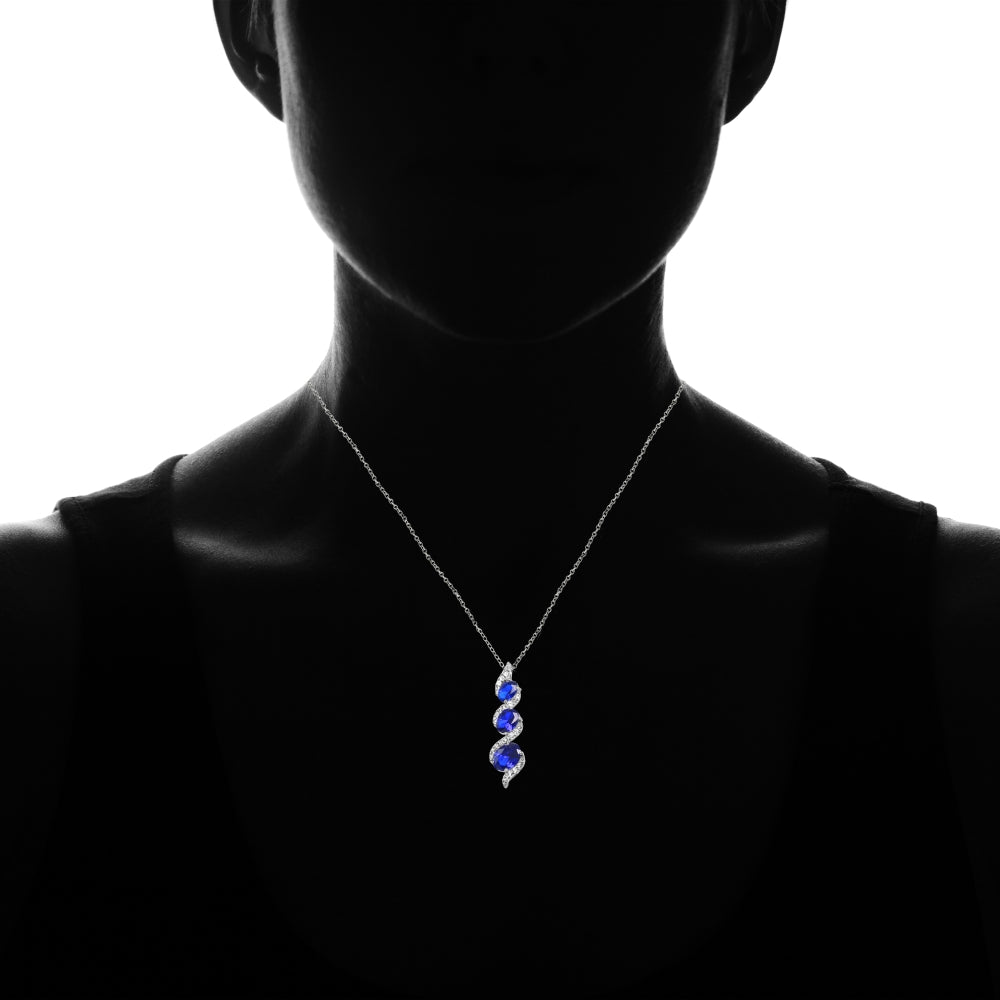 Sterling Silver Created Blue Sapphire and White Topaz Oval S Design Three-Stone Journey Necklace-4