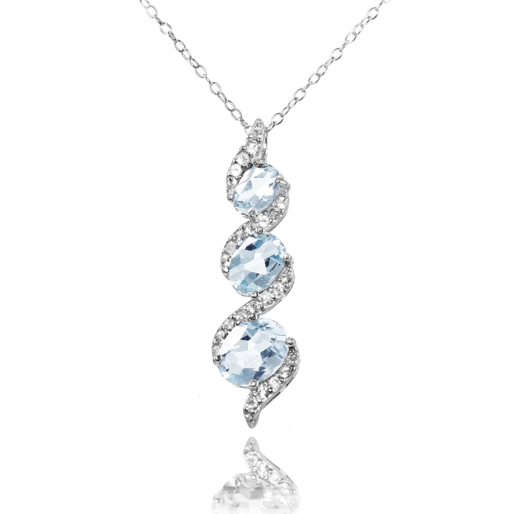Sterling Silver Blue and White Topaz Oval S Design Three-Stone Journey Necklace